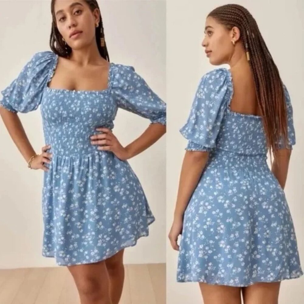 REFORMATION Elle Verona Blue Floral Print Smocked Georgette Dress 0